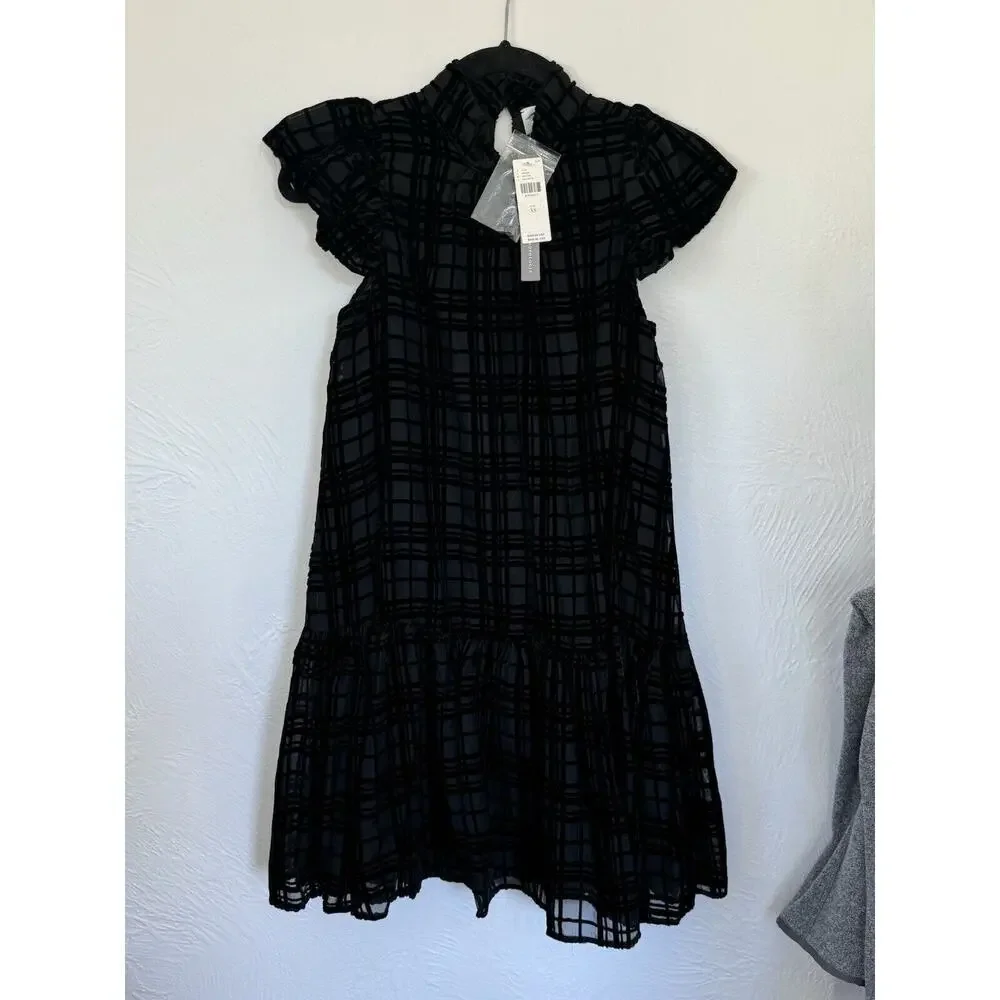 NEW Anthropologie Corey Lynn‎ Calter Mini Dress Holiday Plaid Black Ruffle Sz XS